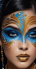 A model's face is transformed into a canvas for artistic expression, featuring a gold leaf design that trails over the skin, intertwined with deep blue accents. The result is a blend of tradition and