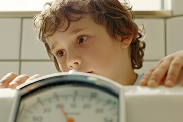 Child weighing on scale, concept of childhood obesity and health - obrazy, fototapety, plakaty