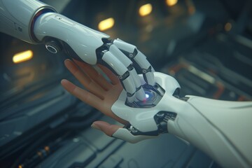 Two robotic hands in an intimate gesture, one cradling the other, technological empathy on display. Mechanical palms touching gently, one supporting another, showcase of artificial compassion.