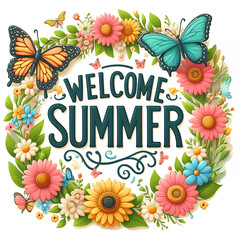 Welcome Summer Sign with flower wreath and bright butterflies on white background - 777565620