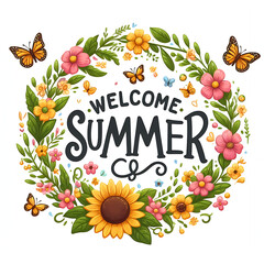 Welcome Summer Sign with flower wreath and bright butterflies on white background - 777565621