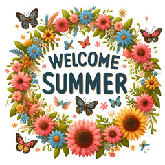 Welcome Summer Sign with flower wreath and bright butterflies on white background - 777565652
