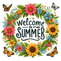 Welcome Summer Sign with flower wreath and bright butterflies on white background - 777565662