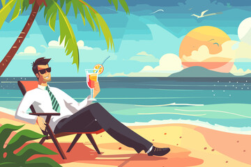 Businessman taking well-deserved break, enjoying workplace holiday and vacation by relaxing on beach with tropical drink - obrazy, fototapety, plakaty