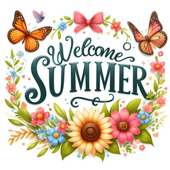 Welcome Summer Sign with flower wreath and bright butterflies on white background - 777565674