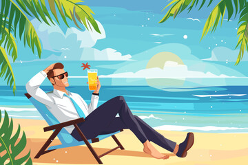 Businessman taking well-deserved break, enjoying workplace holiday and vacation by relaxing on beach with tropical drink - obrazy, fototapety, plakaty