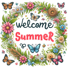 Welcome Summer Sign with flower wreath and bright butterflies on white background - 777565681