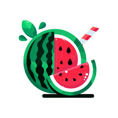 Slice And Whole Watermelon, green leaves Flower vector illustration in flat design. Summer food concept illustration isolated on white background.