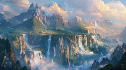A digital illustration of a fantastical landscape, where towering mountains and cascading waterfalls form a breathtaking backdrop to a world inhabited by mythical creatures and legendary heroes.