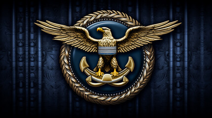 A gold eagle with a shield on its chest is displayed on a blue background.