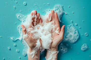 Hands in soap foam on a blue background. Photo. place for text. generative ai