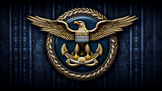 A gold eagle with a shield on its chest is displayed on a blue background. - Powered by Adobe
