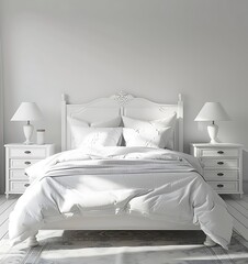 white bedroom with bed and bedside tables, mock up, high definition, hyper realistic in the style of hd