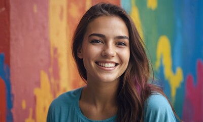 Portrait of a young woman with a bright smile, set against a vibrant multicolored graffiti wall....