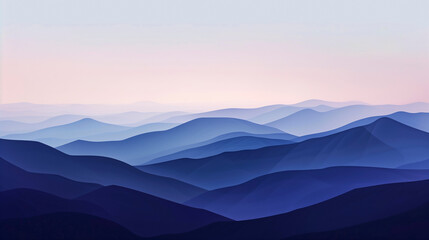 Fototapeta na wymiar Tranquil Mountain Vista: Minimalistic Scene Featuring Layers of Blue Tones, Creating Peaceful Evening Ambiance with Gradual Sky Shift