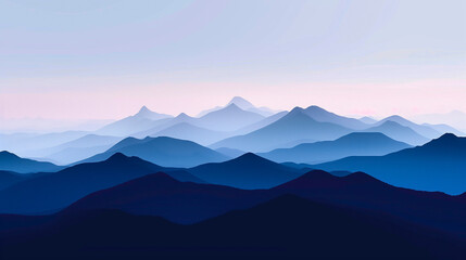 Serene Mountain Horizon: Minimalist Landscape Capturing Layers of Blue Hues, Evoking Tranquil Dusk Setting with Gradient Sky