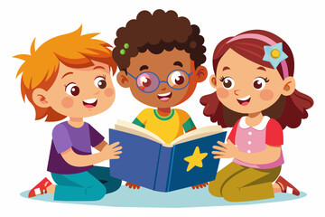 children-reading-a-book--white-background-vector illustration 