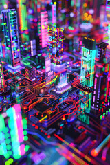 Vibrant Abstract Depiction of LZ Reverse Engineering - Binary, Microchips, and Intricate Code