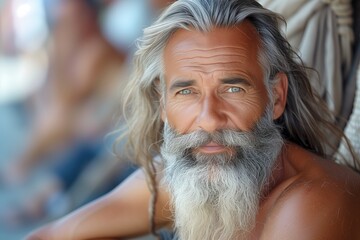 Homeless senior man with a long beard, seated along a bustling city street, Seasoned mariner's gaze pierces through, wisdom of the sea in eyes, tales of yore on sun-kissed skin.