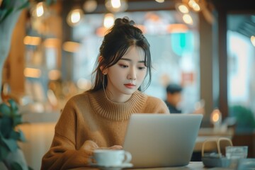 Young woman with attentive gaze at laptop in café setting, cup of coffee providing comfort, ambient glow softening scene. Attentive lady engaging with computer in coffee shop ambiance,