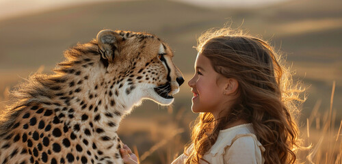 A joyful girl and an elegant cheetah engage in a moment of intimacy against a backdrop of rolling hills, their grins asking the audience to join them in their happiness - obrazy, fototapety, plakaty