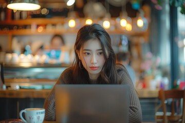 Engaged in laptop’s glow, amidst coffee shop's warm luminance, youth’s quiet dedication shines through. Immersed in screen light, surrounded by eatery's mellow gleam, adolescent's silent