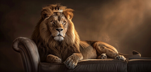 A lion lounging in an elegant armchair, its golden crown glinting under the spotlight as it gazes...