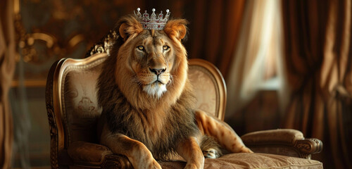 A lion perches on a sophisticated armchair in a setting that looks like it belongs in a regal...
