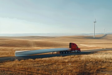 Red flatbed truck transporting a wind turbine blade across scenic landscape - obrazy, fototapety, plakaty