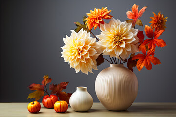 Beautiful autumnal bouquet with dahlia and pumpkin on table.