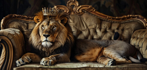 A lion, resplendent in its crown, reclines on an opulent armchair, its gaze piercing through the...