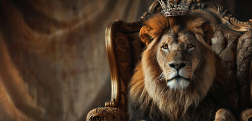 A magnificent lion wearing a crown sits elegantly on an elaborate armchair, its keen stare...