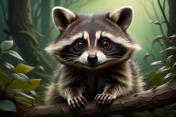 cute raccoon on green background