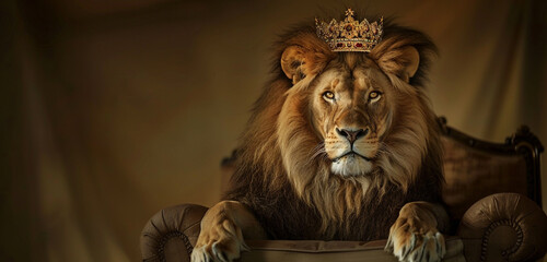 A regal lion wearing a magnificent crown resting on an armchair