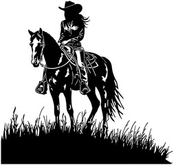 Silhouette of a cowgirl on a horse on top of a grassy hill  - obrazy, fototapety, plakaty