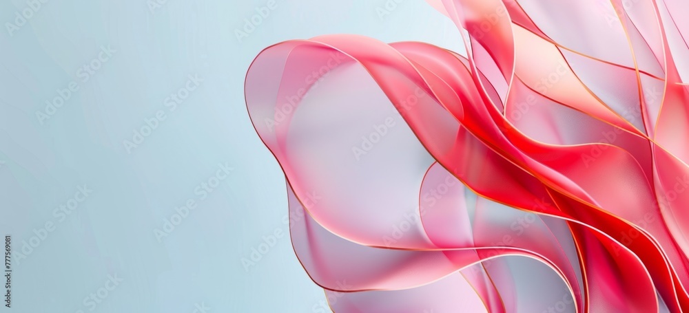 Poster a red and pink abstract shape with curved lines on the right side of an isolated light blue backgrou