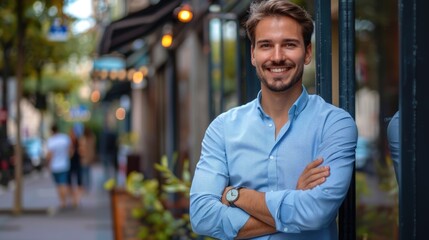 Fototapeta premium Young happy businessman with arms crossed standing outdoor and looking at camera. Office building outside. Smiling successful business man portrait. Confident handsome entrepreneur guy. Male boss work