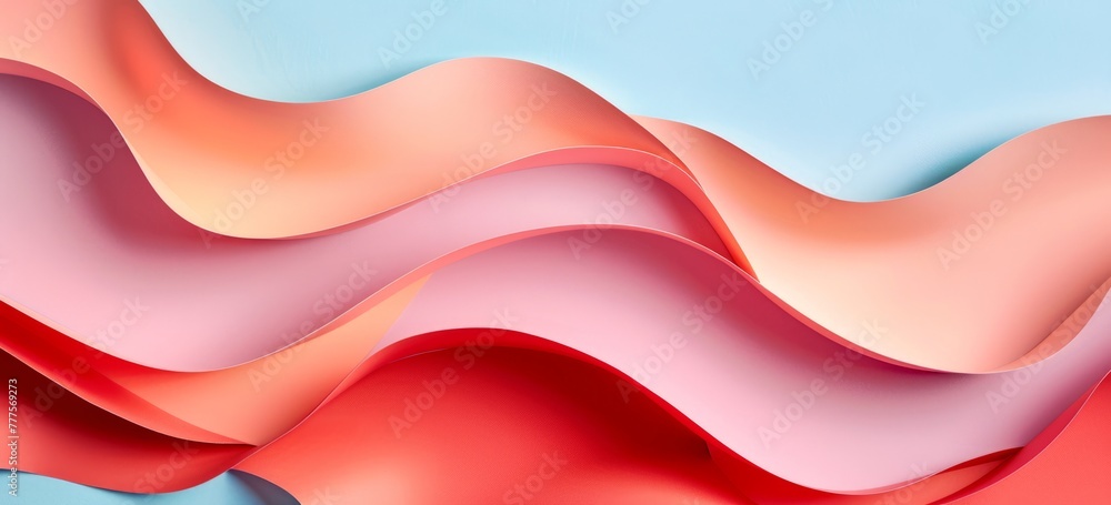 Poster a closeup of red and pink paper waves on a light blue background, rendered in the style of organic f
