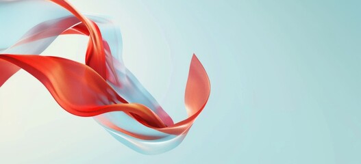 A minimalistic poster design with a large red and white abstract shape on the right side, representing an extreme closeup of two ribbons intertwined in midair Generative AI