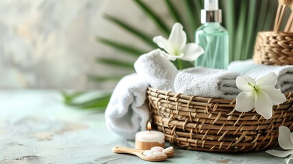 Spa essentials with towels, flowers, and candle in wicker basket on serene background - obrazy, fototapety, plakaty