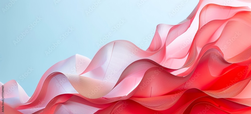 Poster a closeup of the paper sculpture in red and pink against a light blue background, showcasing its uni
