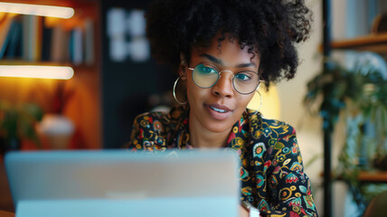 Young woman with glasses working intently on laptop in colorful room