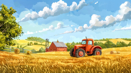 Idyllic farm landscape with tractor in fields