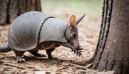 An Armadillo With Its Claws Clicking Against A Tre - obrazy, fototapety, plakaty