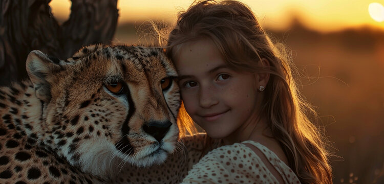 Bathed in the warm glow of sunset, a girl and a cheetah share a tranquil moment together, their eyes sparkling with shared affection as they face the camera