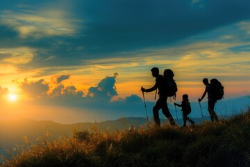 Fototapeta na wymiar A Journey Together: Family Silhouette in Mountain Setting