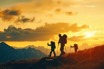 Serenity in the Peaks: Silhouetted Family Hiking Adventure