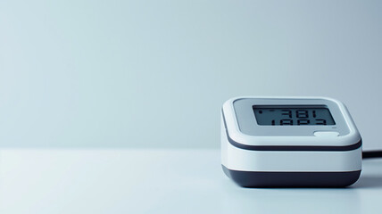 Digital blood pressure monitor on plain surface with minimalist design and clear display showing readings