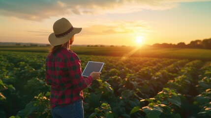 Fototapeta premium Smiling Female Farmer Checking Crops on Soybean Plantation