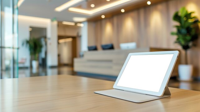 Tablet with stand on wooden table in modern office lobby soft lighting and plants - Powered by Adobe